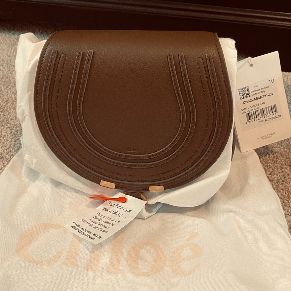 Chloe new in box small saddle bag in dark Khaki.